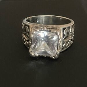 Silpada Silver Filigree Ring with Clear Square Stone